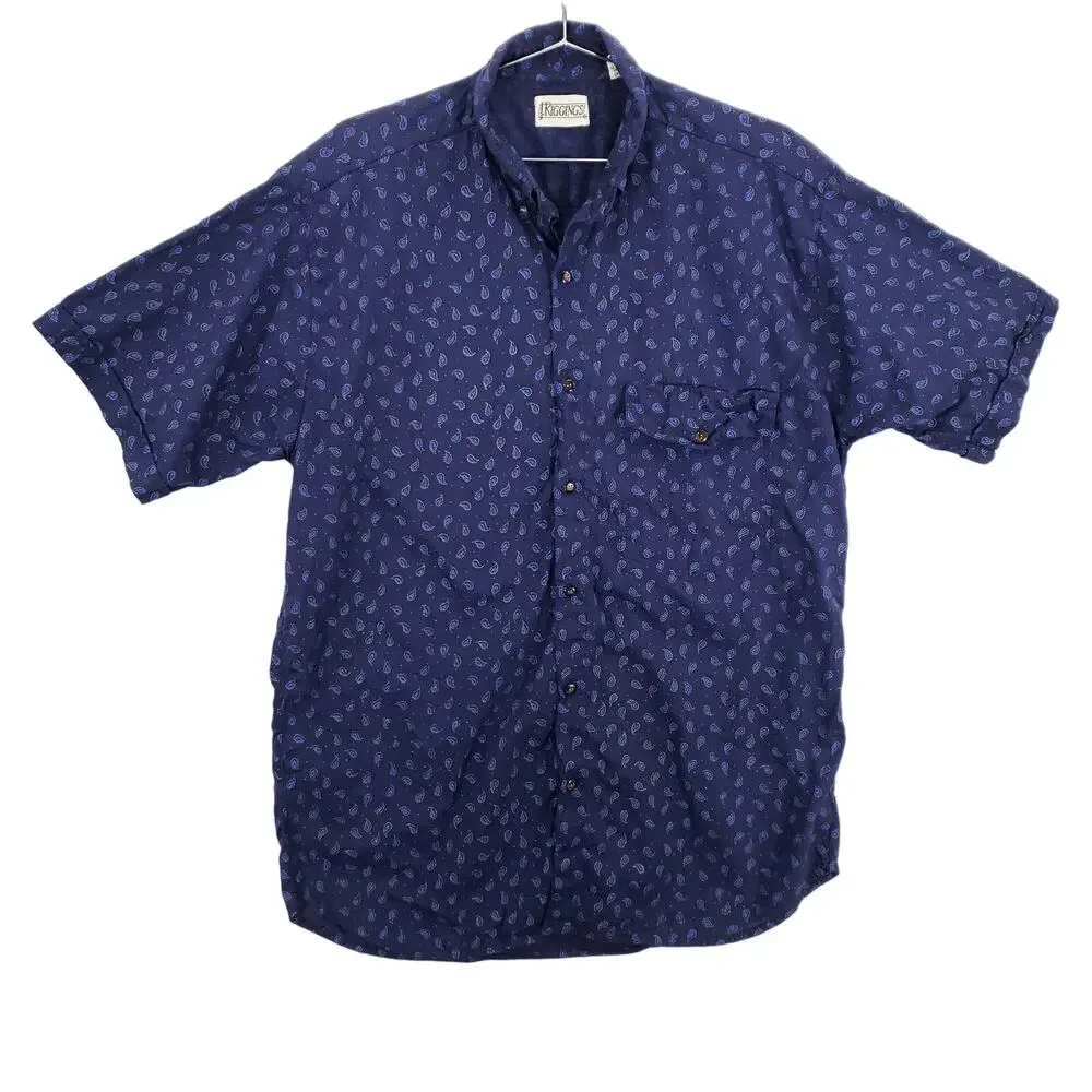 Vintage J Riggings Shirt Mens Large Navy Blue Paisley Short Sleeve‎ Button Down